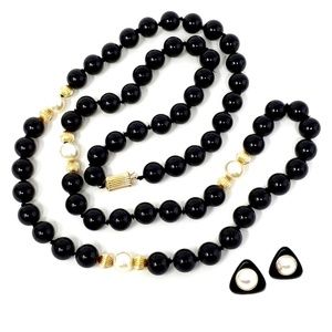 Octanner 14K Onyx Pearl Strand Necklace & Earrings